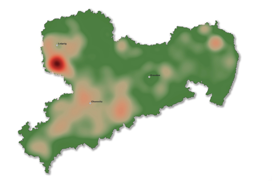 Hitzekarte von Sachsen: Grün zeigt die Flächen, die 2014 und heute noch Agrarland sind. Rot sind die Flächen, welche heute nicht mehr Agrarland sind.