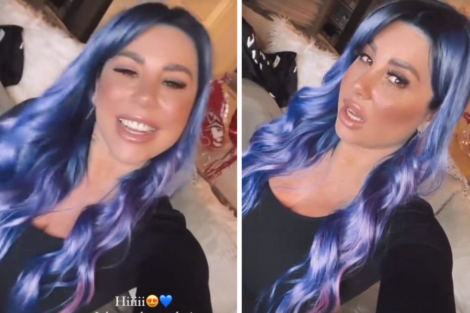 Kate Merlan (35) begeistert ihre Fans mit leuchtend blauen Haaren. (Fotomontage)