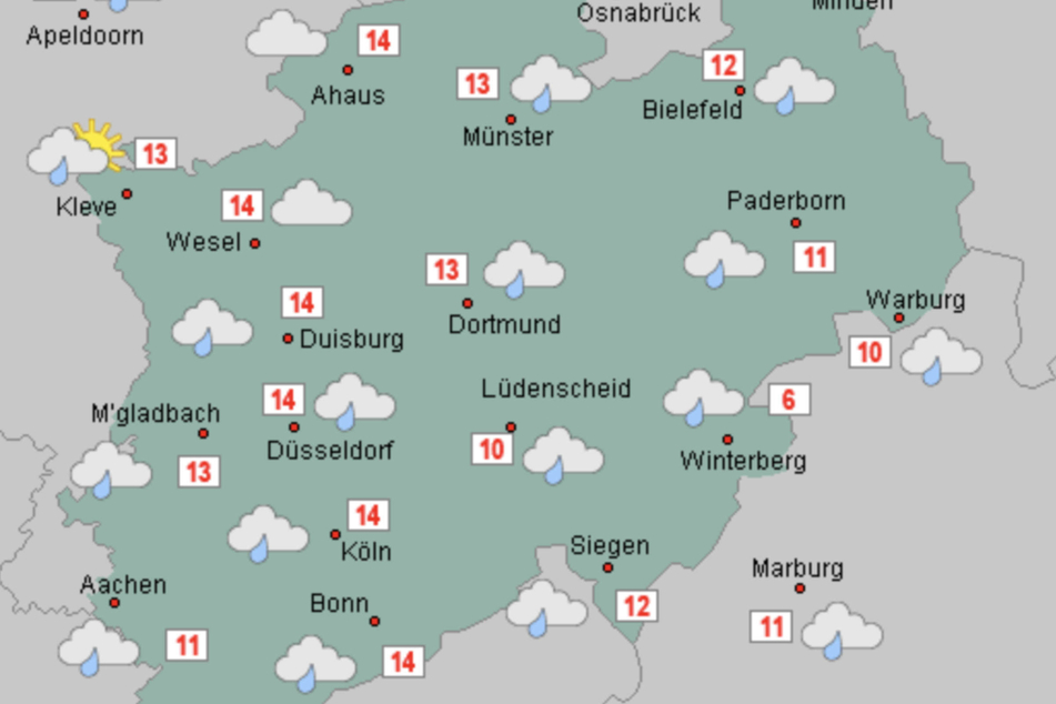 Das Thermometer zeigt in NRW Höchstwerte von 13 bis maximal 16 Grad an.