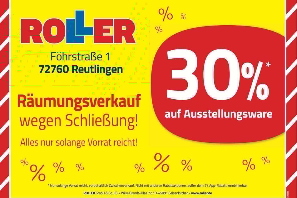 Während des Räumungsverkaufs bei ROLLER in Reutlingen warten 30 Prozent Nachlass beim Möbelkauf.¹