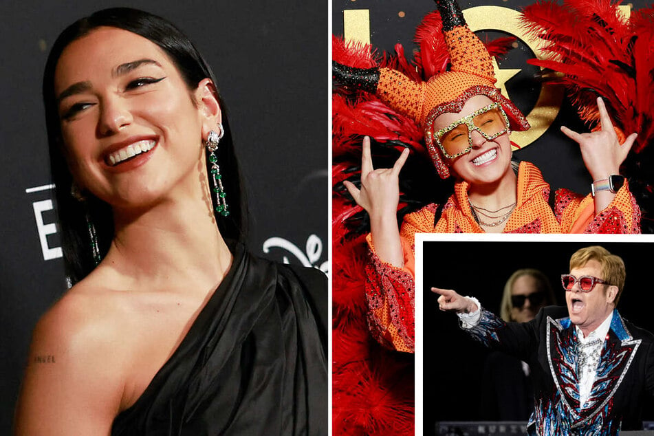 Dua Lipa (l.) and JoJo Siwa were among the many celebrities who showed their support for Elton John (inset) at his farewell show at Dodgers Stadium.
