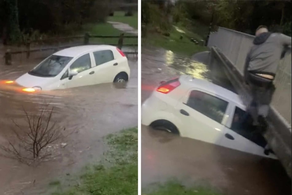 Schwangere Frau filmt im Hochwasser sinkendes Auto, in dem Mutter und Kind (3) sitzen