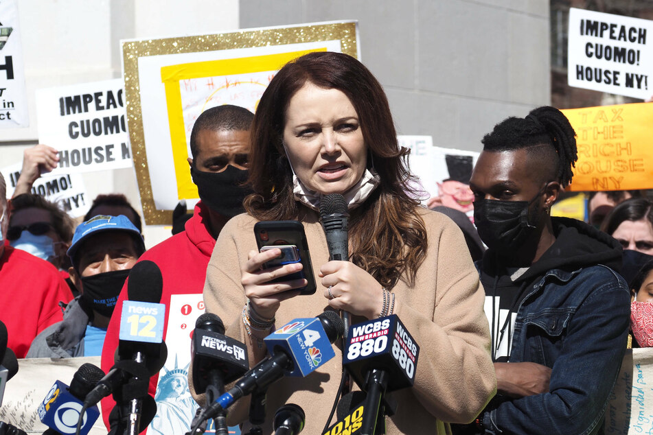 Lindsey Boylan, one of Cuomo's alleged victims, gathered with protesters at Washington Square Park to demand Governor Cuomo's resignation earlier this year.