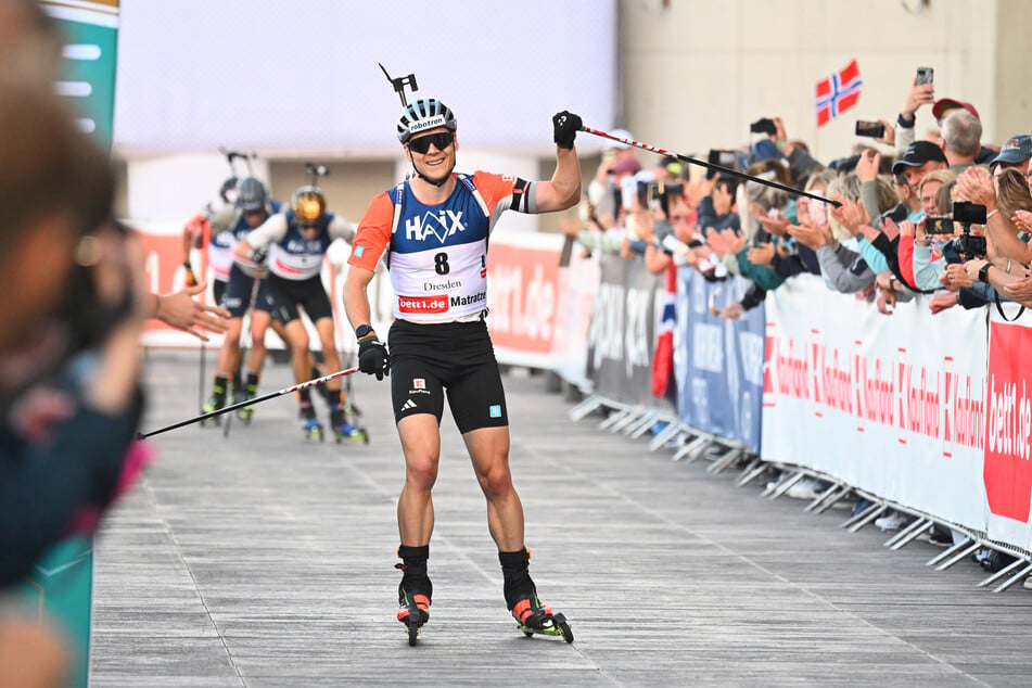 Gesagt, getan! Justus Strelow (29, Bild) gewann vorm Franzosen Eric Perrot (25) den City-Biathlon in Dresden.