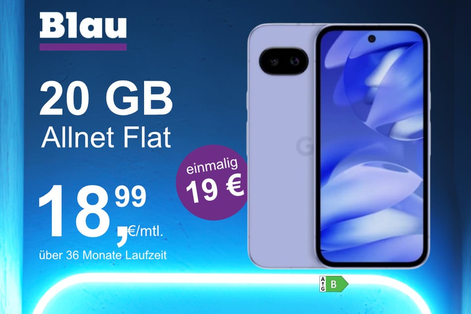 Das Google Pixel 9a im Blau Allnet M für einmalig 19 Euro.
