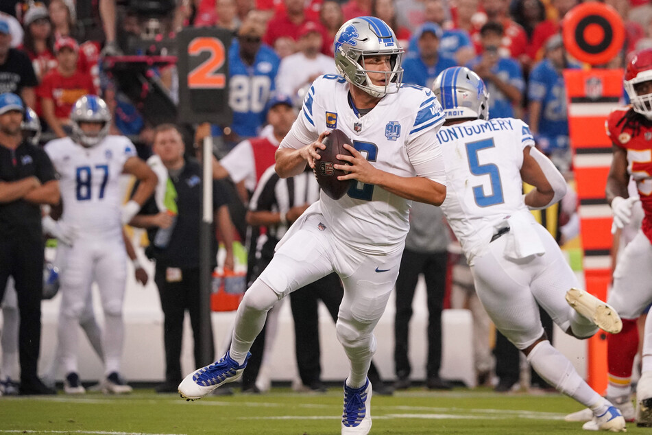 Detroit Lions quarterback Jared Goff drops back to pass against the Kansas City Chiefs during the first half at GEHA Field at Arrowhead Stadium.