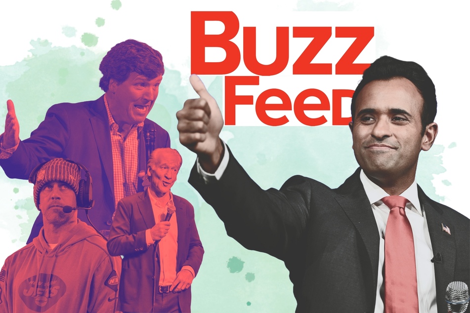 Former presidential candidate Vivek Ramaswamy (r.) is trying to revamp Buzzfeed in his own image after becoming the 2nd largest shareholder of the company.