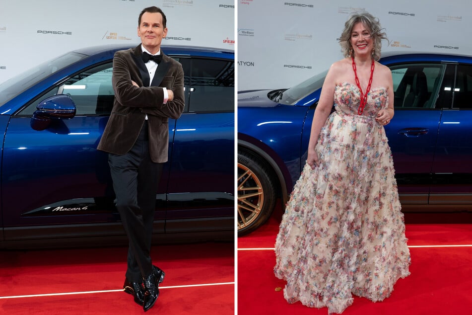 Opernball-Moderator Malte Arkona (48, l.) hat sein Outfit von Breuninger in Leipzig. Schauspielerin Cheryl Shepard (60, r.) hat ihr Accessoire, eine rote Halskette, am Hauptbahnhof in Leipzig gefunden.