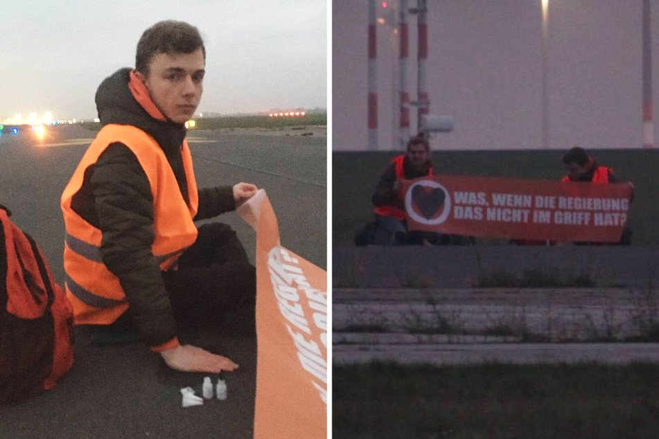 Aktivisten der "Letzten Generation" hatten sich am Donnerstagabend auf dem BER auf einer Start- und Landebahn festgeklebt.