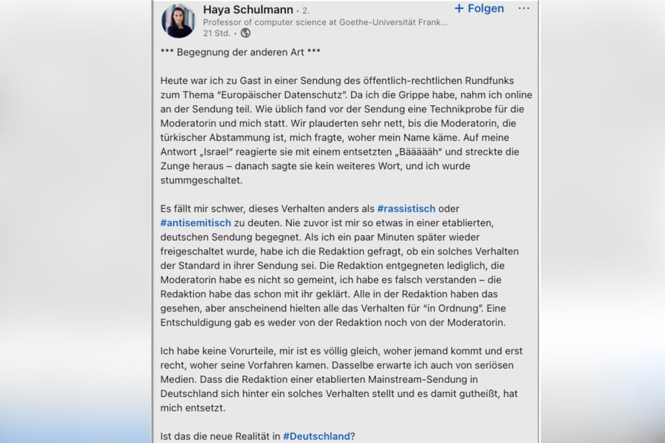 Auf ihrem LinkedIn-Profil machte Schulmann den vermeintlichen Vorfall öffentlich.