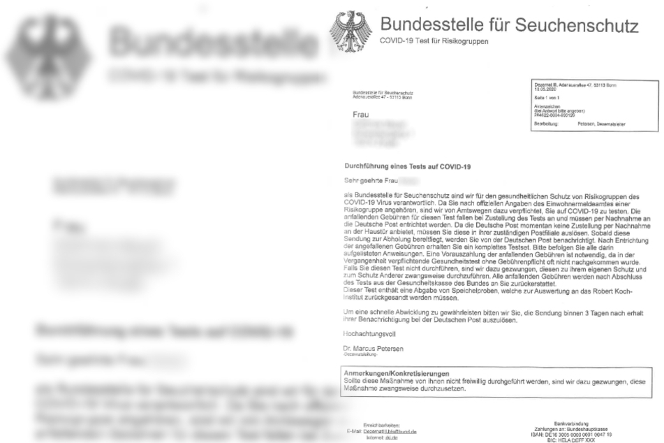 Das fingierte Schreiben der Bundesstelle für Seuchenschutz.