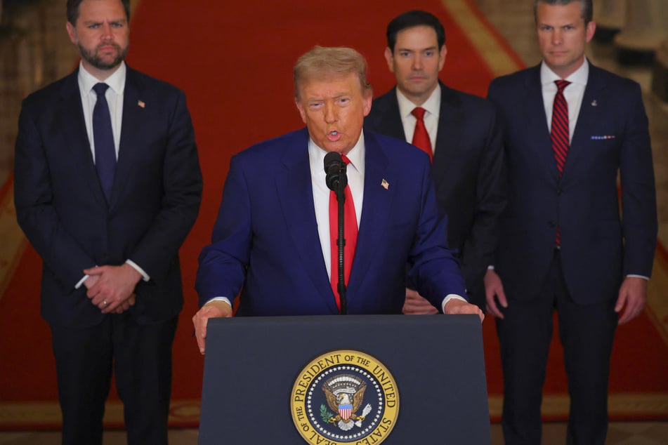 (L-R) Vice President JD Vance, President Donald Trump, Secretary of State Marco Rubio, and Secretary of Defense Pete Hegseth address the three Iranian nuclear facilities that were struck by the US military early Sunday.