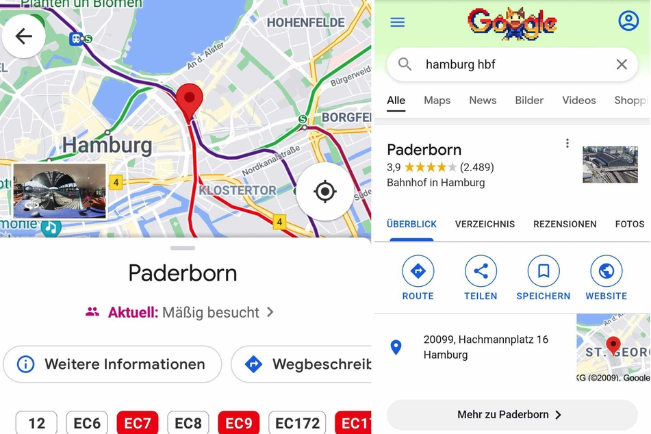 Wo eigentlich der Hamburger Hauptbahnhof liegt, lag auf einmal die nordrhein-westfälische Stadt Paderborn.