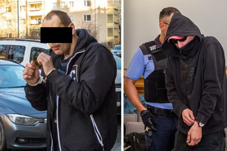 Der Dresdner Pyromane Heino E. (41) nach seiner Verhaftung (l.) und als vermummter Angeklagter im Landgericht Leipzig (r.)