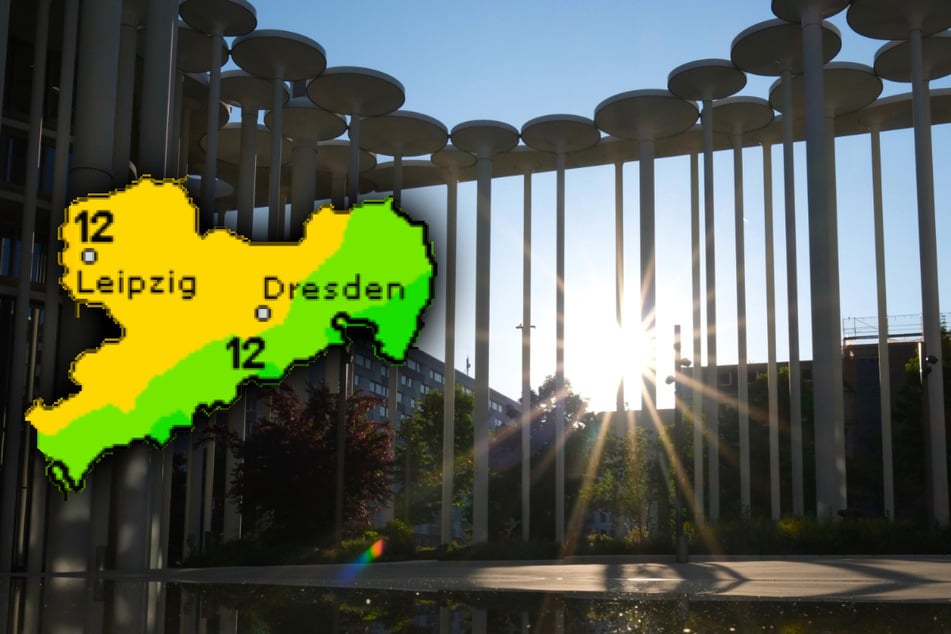 Sonnenschein zwischen den Säulen der Sächsischen Aufbaubank in Leipzig.