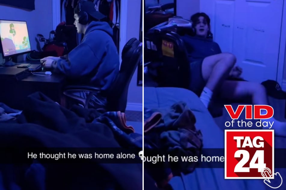 This gamer jumped from his chair after being scared by his best friend.