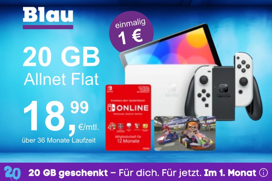 Die Nintendo Switch OLED + Mario Kart 8 im Blau Allnet M inkl. 20 GB für einmalig nur 1 Euro.