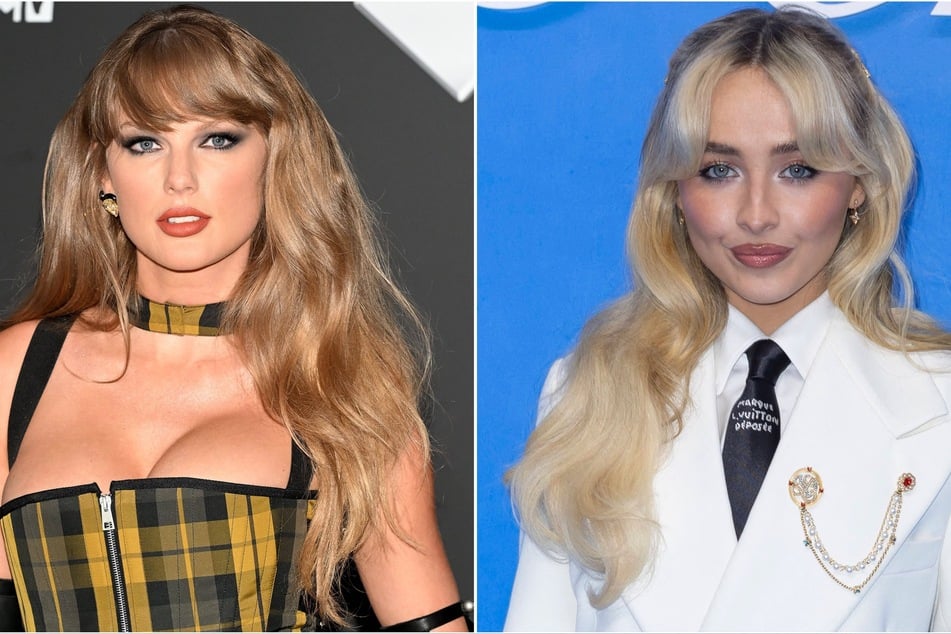 Sabrina Carpenter (r.) said her 10-year-old self couldn't believe she was doing a duet with Taylor Swift for The Life of a Showgirl.