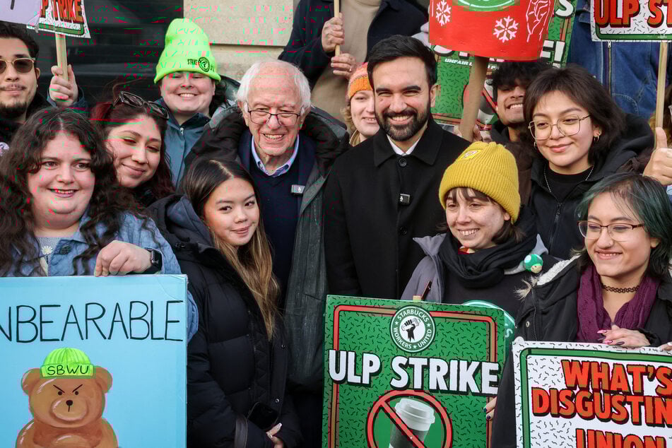 Zohran Mamdani and Bernie Sanders join striking Starbucks workers on NYC picket line