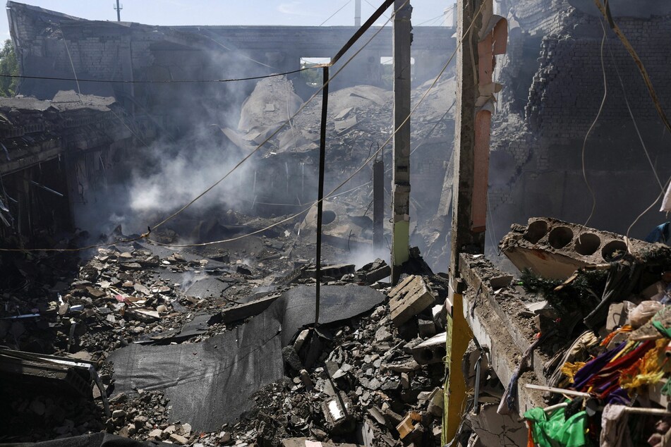 An inside view of the ruined House of Culture in Derhachi.