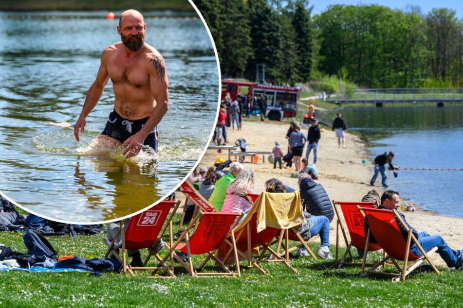 Chemnitz: Ganz schön tapfer: Erste Badefans trauen sich in den Stausee Rabenstein