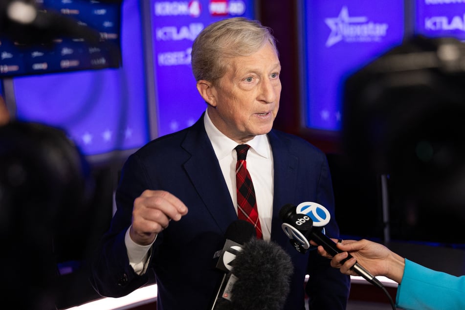 Billionaire Tom Steyer speaks to the press after the California gubernatorial debate.