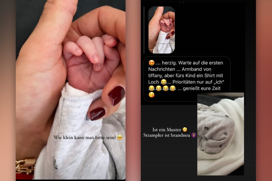 Amira Pocher (28) zeigt in einer Instagram-Story die winzige Hand ihres Babys und das vermeintliche Loch im Strampler. (Fotomontage)