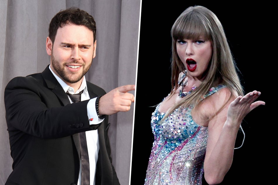 Taylor Swift (r.) added some shade into her surprise set in Cardiff as she hit the stage on the birthday of her notorious enemy, Scooter Braun.
