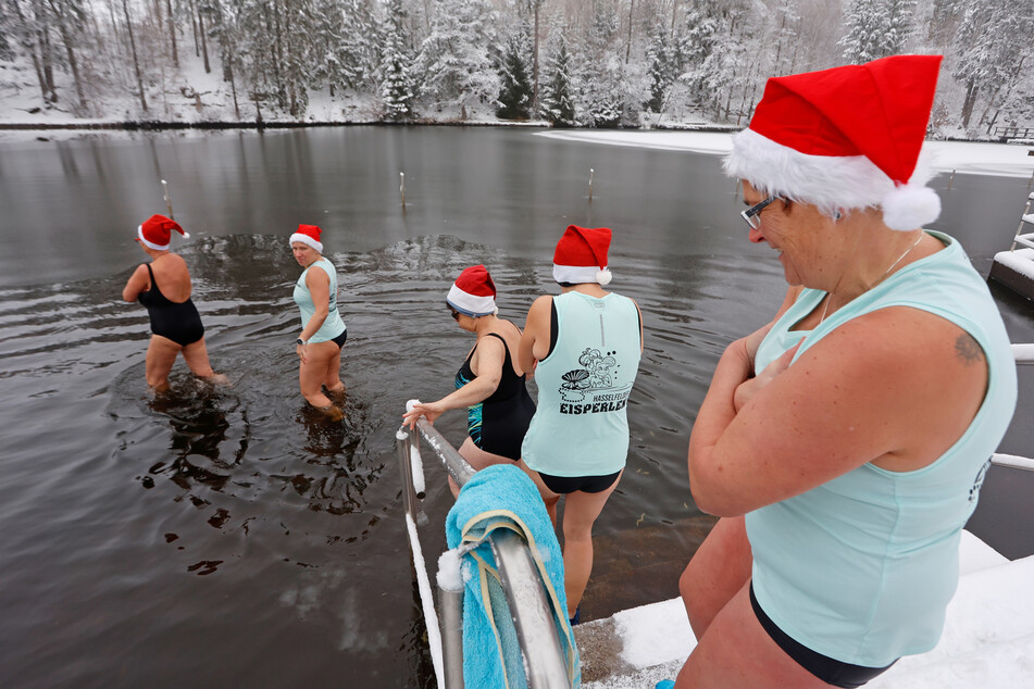 Mitglieder der Badegruppe "Eisperlen" gingen am Samstag im Freibad Hasselfelde ins eiskalte Wasser.