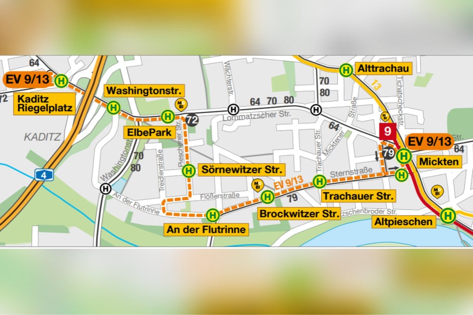 Bis Mickten fahren die Linien 9 und 13 planmäßig. Ab Mickten müssen Fahrgäste dann in die Ersatzbusse steigen (gestrichelte Linien).