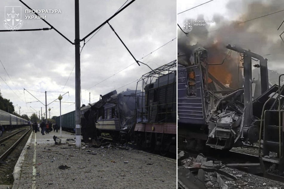 A train burns after being hit by a Russian drone strike at the railway station in Shostka, Sumy region, Ukraine, on October 4, 2025.