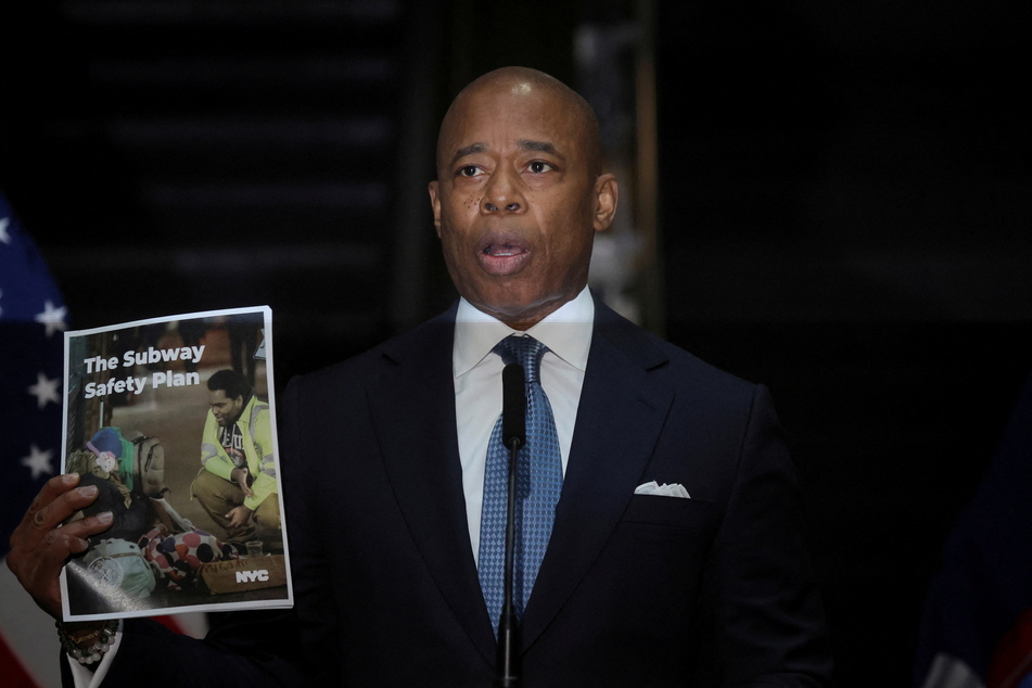 Adams speaks during a February 2022 news conference to unveil a plan to make the NYC subway system safer.