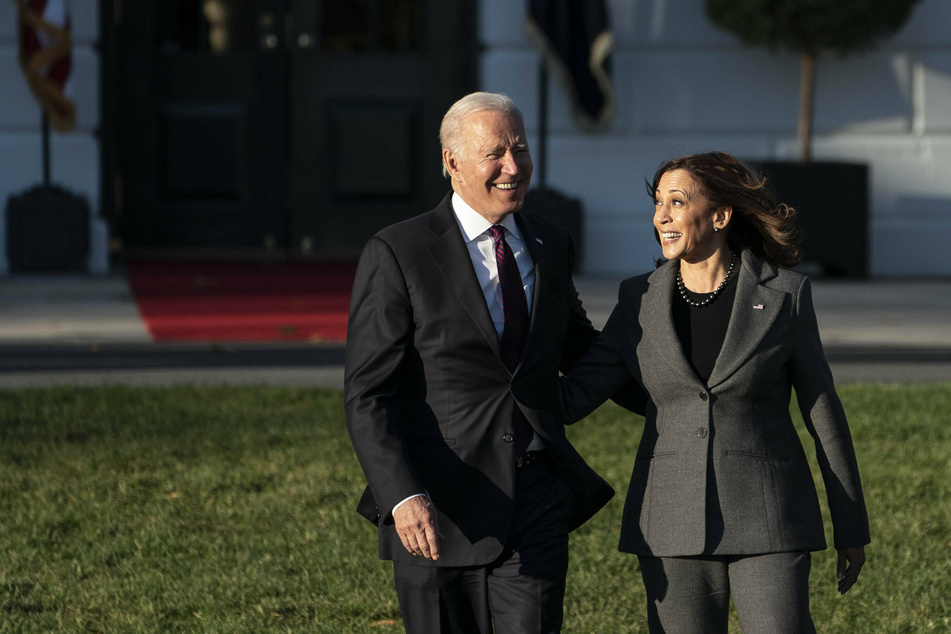 President Joe Biden (l.) and Vice President Kamala Harris (r.) arrive at a signing ceremony for the $1.2 trillion bipartisan Infrastructure bill.