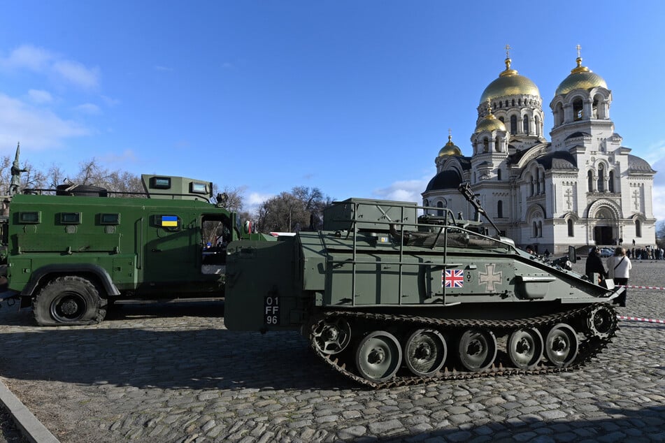 Captured Ukrainian military vehicles are displayed in the Russian city of Novocherkassk.