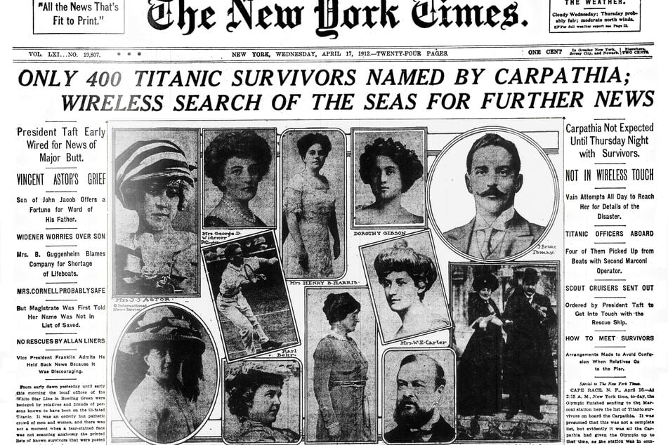 Titelseite der New York Times vom 17. April 1912: Prominente Personen, die den Untergang der Titanic überlebt haben.