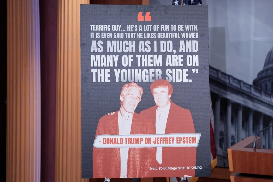 A sign displayed ahead of a news conference with Senate Minority Leader Chuck Schumer calling on President Donald Trump to release the Jeffrey Epstein files as promised at the US Capitol in Washington DC on July 30, 2025.