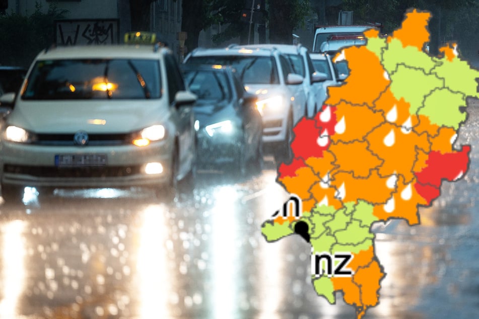 Heftige Regenfälle ziehen nach Frankfurt und Hessen: Der Deutsche Wetterdienst (Grafik) warnt in weiten Teilen des Bundeslandes vor "markantem Wetter" (orangefarbene Gebiete). Auch Unwetter (rot gefärbte Gebiete) sind möglich.