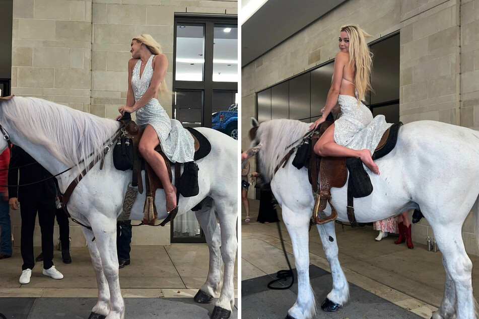 Olivia Dunne turned heads at the Academy of Country Music Awards by riding a sheriff's horse while rocking her red carpet attire.