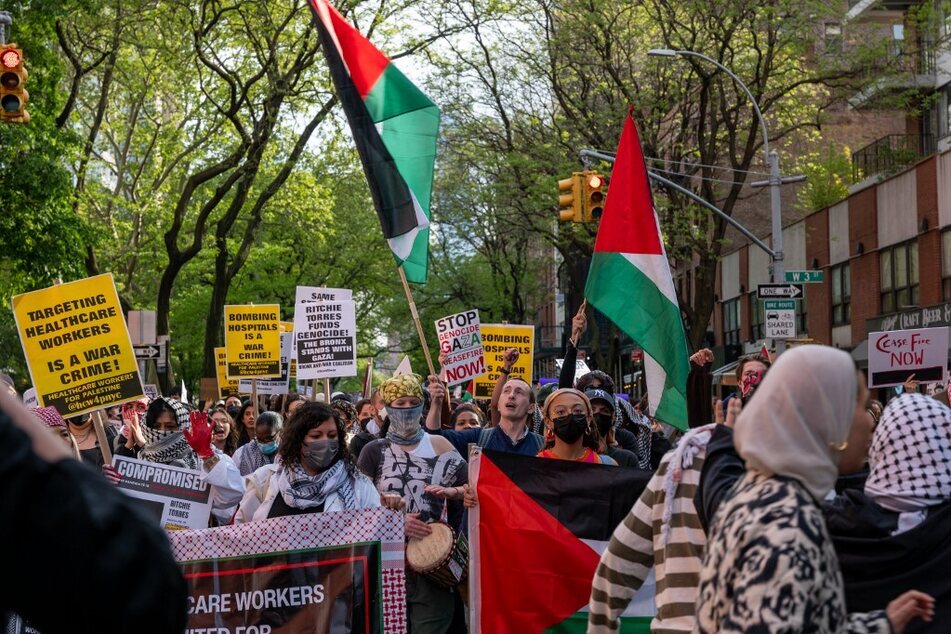 Gaza solidarity protesters rally at the New York University campus demanding the institution divest from Israel.