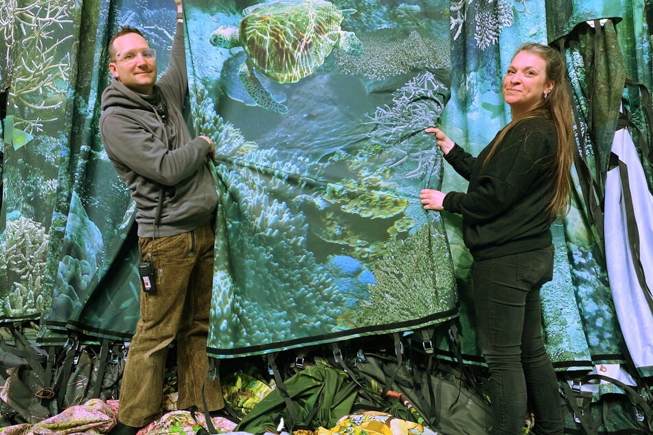 Monteur Maik Loudovici und Ginny Lehmann zeigen einen Ausschnitt mit Schildkröte.
