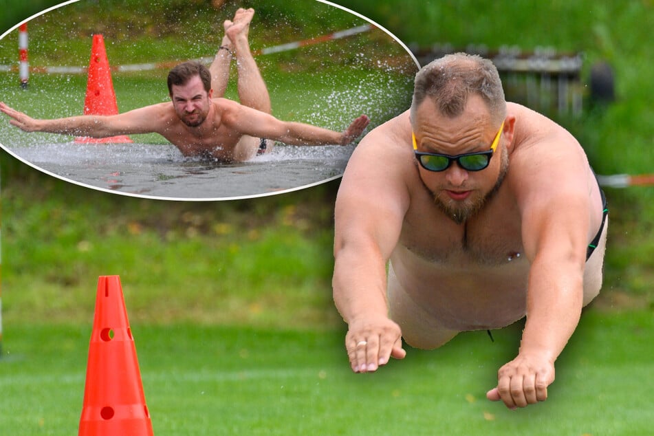 Rutschige WM in Sachsen-Anhalt: Mit Anlauf auf dem Bauch durchs Stadion