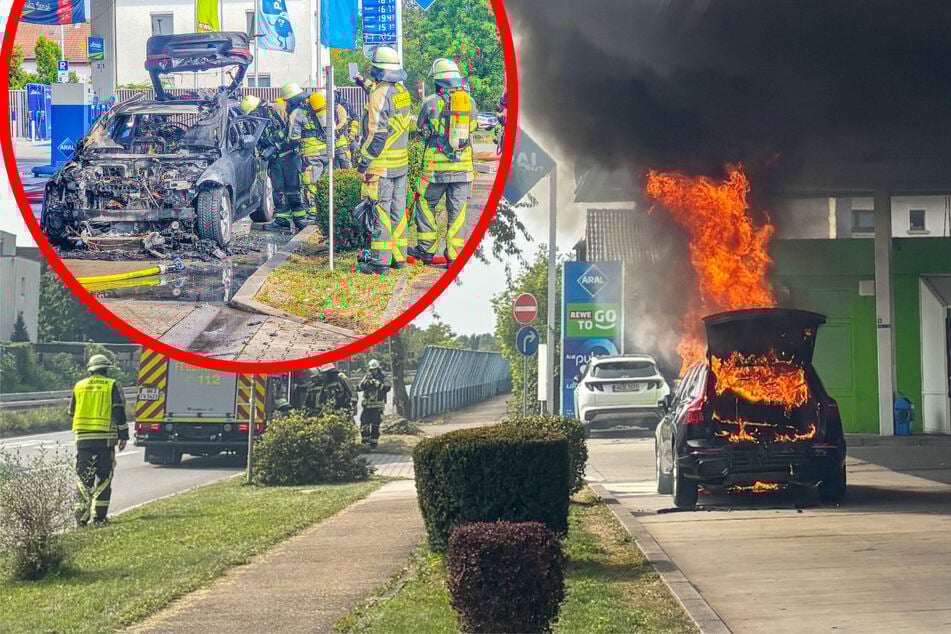 Hybridauto geht in Flammen auf: Tankstelle und Bundesstraße abgesichert