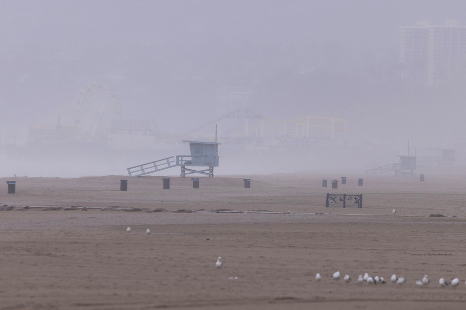 A cold winter storm blows in from the ocean in Santa Monica, California.