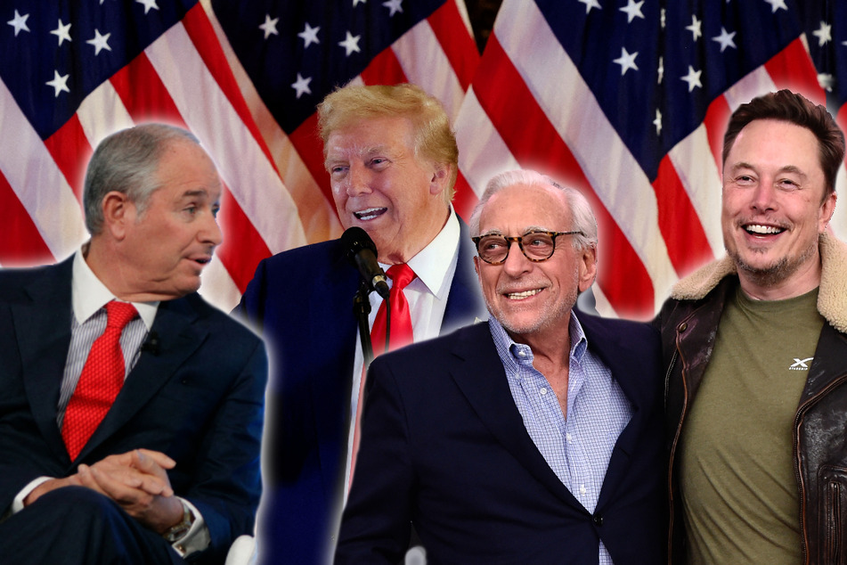 Donald Trump (c.) can bank on support from prominent billionaires such as Steve Schwarzman (l.), Nelson Peltz (2nd from r.), and Elon Musk (r.).