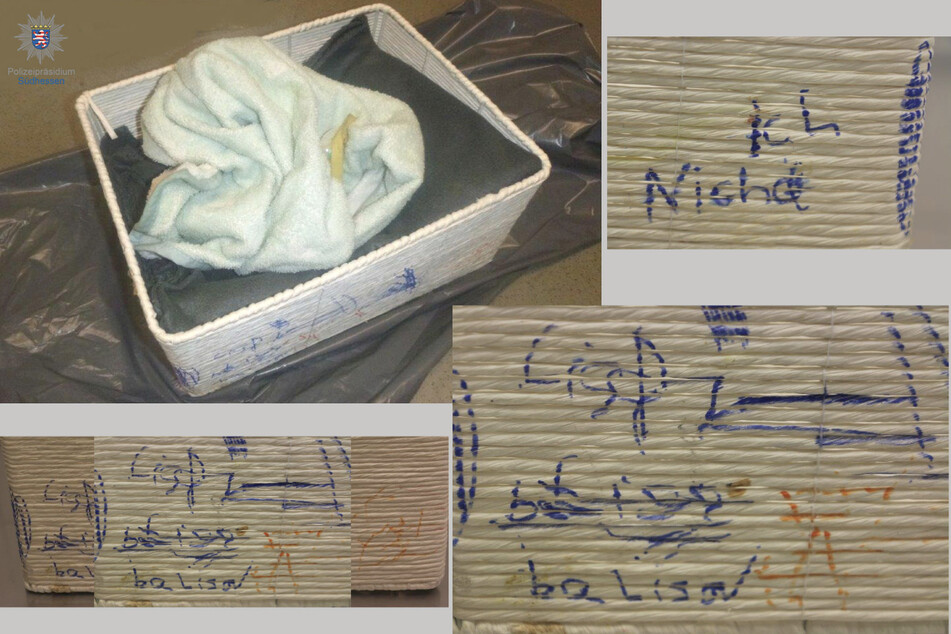 In diesem Flechtkorb wurde das Kind gefunden. Auffallend sind die vermutlich von einem anderen Kind stammenden Farbkritzeleien.
