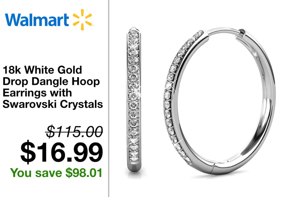 18k White Gold Drop Dangle Hoop Earrings with Swarovski Crystals for $16.99 (was $115.00)