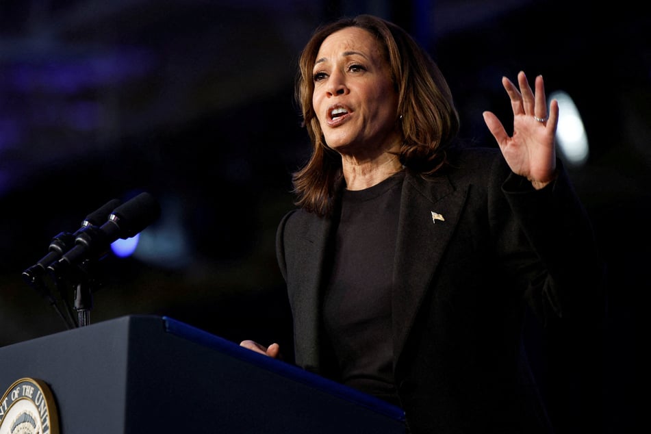 Democratic presidential nominee Kamala Harris speaks during a campaign event in Waterford Township in Oakland County, Michigan.