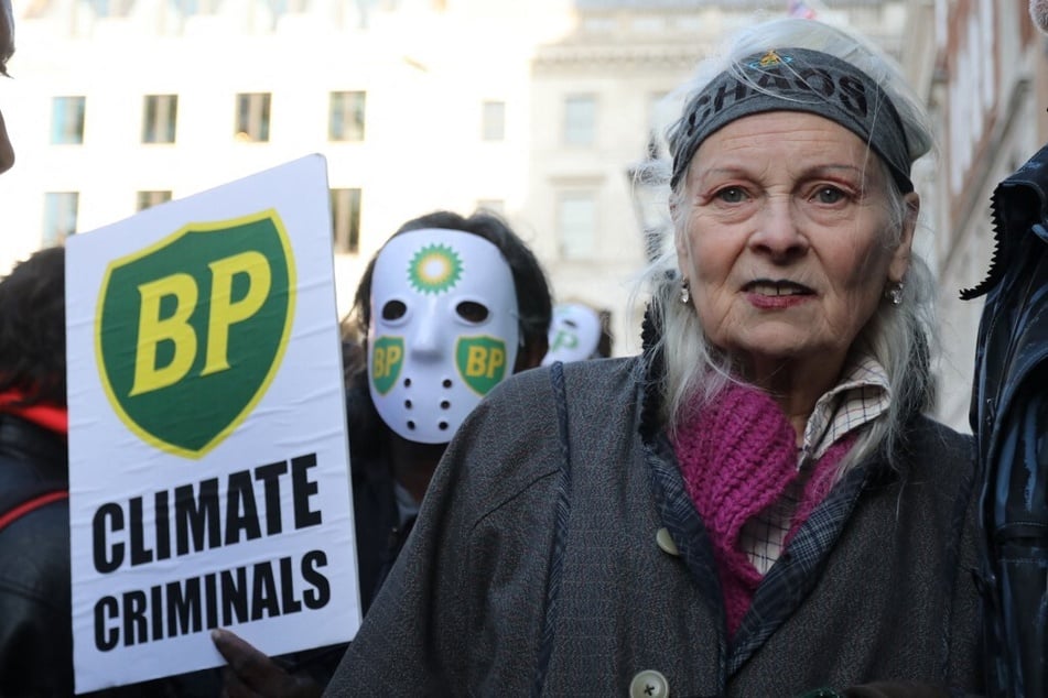 Vivienne Westwood takes part in a protest to highlight the exploitation of the West Papua rainforest outside the BP headquarters in London.