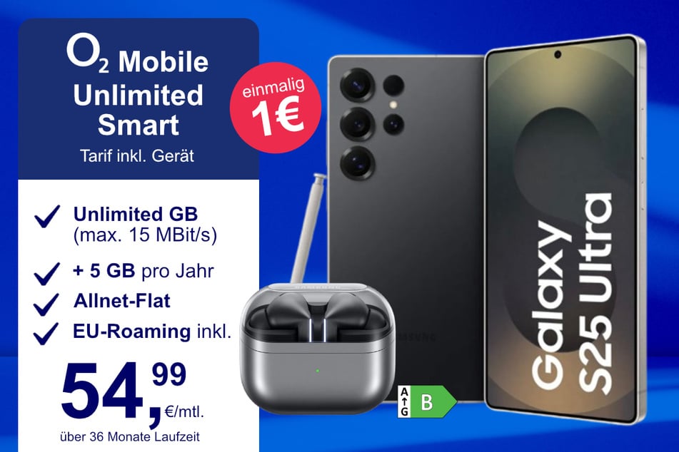 Das Samsung Galaxy S25 Ultra + Buds 3 Pro im o2 Mobile Unlimited Smart für einmalig 1 Euro.
