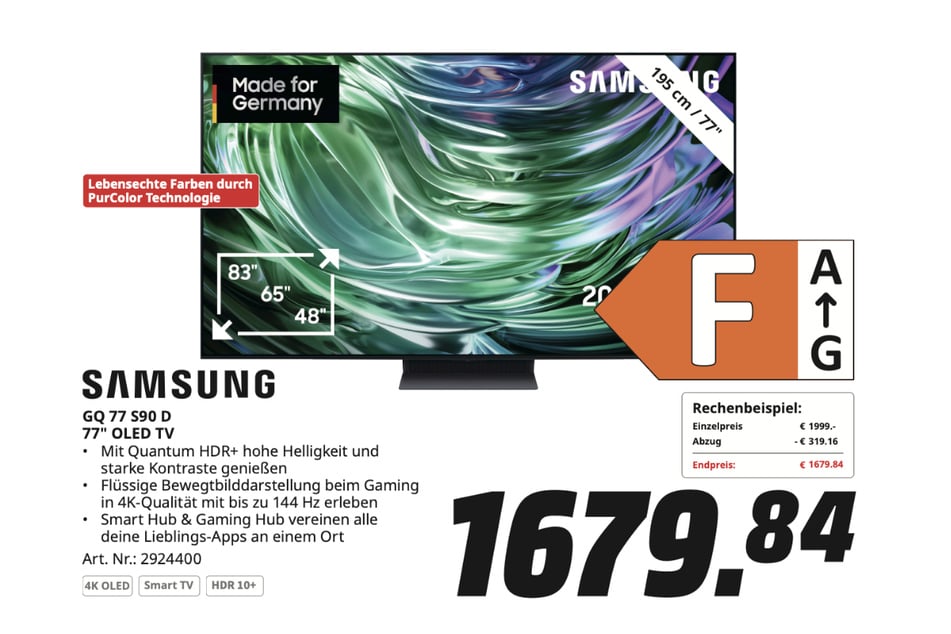Samsung-Fernseher OLEDGQ77S90D für 1.679,84 Euro.